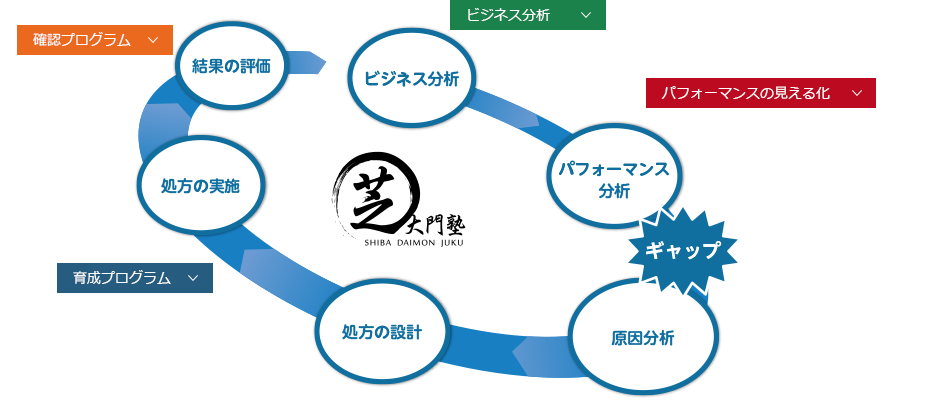 図:人財育成フレームワーク 芝大門塾 ビジネス分析 ビジネス分析 パフォーマンスの見える化 パフォーマンス分析 ギャップ 原因分析 処方の設計 育成プログラム 処方の実施 確認プログラム 結果の評価