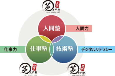 芝大門塾の人間力、仕事力、デジタルリテラシー、を高める様々な育成プログラムの図