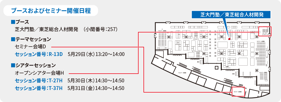 ブースおよびセミナー開催日程、ブース芝大門塾、東芝総合人材開発(小間番号:257)、テーマセッションセミナー会場D、セッション番号:R-13D、5月29日(水)13:20~14:00、シアターセッション、オープンシアター会場H、セッション番号:T-27H、5月30日(木)14:30~14:50、セッション番号:T-37H、5月31日(金)14:30~14:50