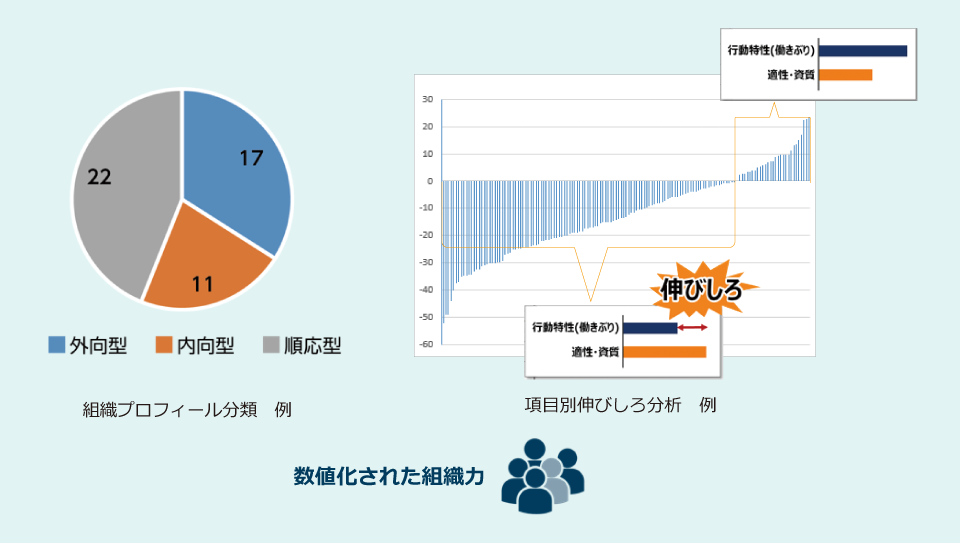 組織パフォーマンスの向上　数値化された組織力　組織プロフィール分類　例　外向型　内向型　順応型　項目別伸びしろ分析　例　伸びしろ　行動特性（働きぶり）　適性・資質